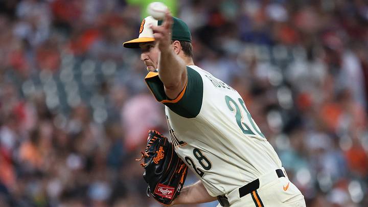 Aug 21, 2026; Baltimore, Maryland, USA;  Baltimore Orioles pitcher Trevor Rogers (28) throws during the second inning against the Tampa Bay Rays at Oriole Park at Camden Yards.  Mandatory Credit: Daniel Kucin Jr.-Imagn Images