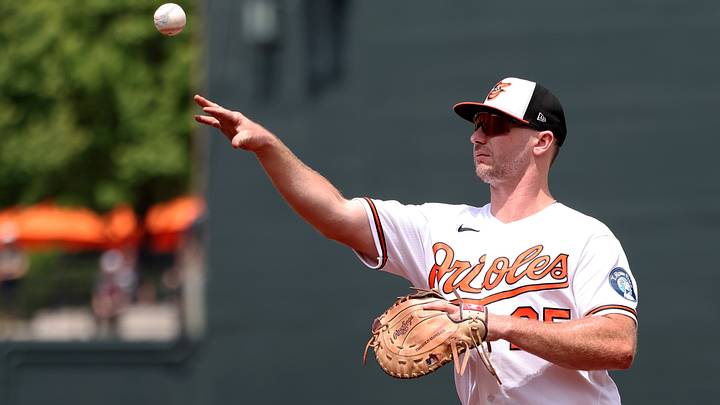 Jul 12, 2026; Baltimore, Maryland, USA; Baltimore Orioles first baseman Pete Alonso (25) throws to first for an out during the second inning against the Kansas City Royals at Oriole Park at Camden Yards. Mandatory Credit: Daniel Kucin Jr.-Imagn Images