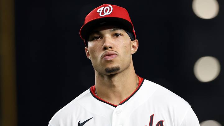 Aug 26, 2026; Washington, District of Columbia, USA;  Washington Nationals left fielder Daylen Lile (4) looks on during the seventh inning against the Colorado Rockies at Nationals Park.  Mandatory Credit: Daniel Kucin Jr.-Imagn Images