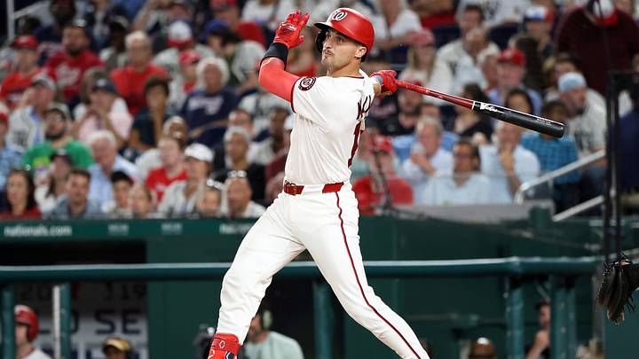 Jun 16, 2026; Washington, District of Columbia, USA; Washington Nationals catcher Drew Millas (14) hits a double during the eighth inning against the Kansas City Royalsa at Nationals Park. Mandatory Credit: Daniel Kucin Jr.-Imagn Images Jun 16, 2026; Washington, District of Columbia, USA; Washington Nationals catcher Drew Millas (14) hits a double during the eighth inning against the Kansas City Royalsa at Nationals Park. Mandatory Credit: Daniel Kucin Jr.-Imagn Images