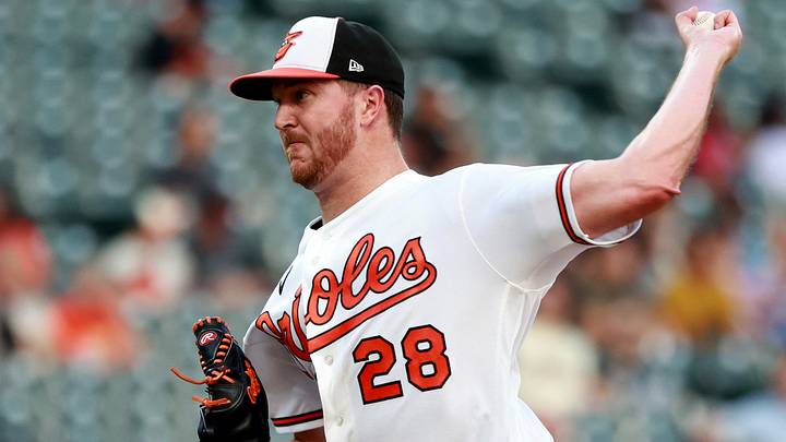 Aug 5, 2026; Baltimore, Maryland, USA; Baltimore Orioles pitcher Trevor Rogers (28) throws during the first inning against the Los Angeles Angels at Oriole Park at Camden Yards. Mandatory Credit: Daniel Kucin Jr.-Imagn Images