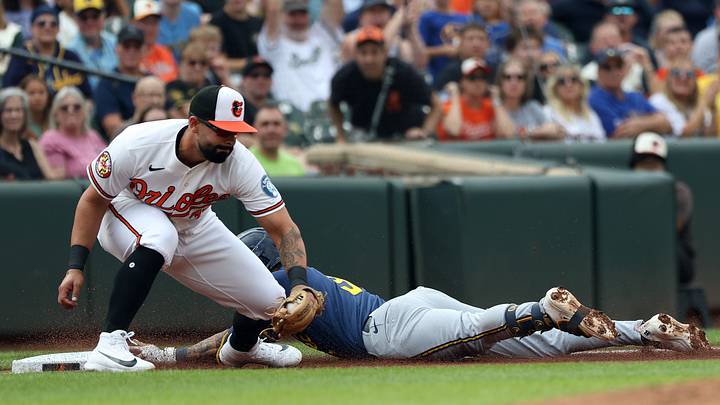 Sep 19, 2026; Baltimore, Maryland, USA; Milwaukee Brewers third baseman Joey Ortiz (3) dives towards third and hits a triple during the second inning against the Baltimore Orioles at Oriole Park at Camden Yards. Mandatory Credit: Daniel Kucin Jr.-Imagn Images Sep 19, 2026; Baltimore, Maryland, USA; Milwaukee Brewers third baseman Joey Ortiz (3) dives towards third and hits a triple during the second inning against the Baltimore Orioles at Oriole Park at Camden Yards. Mandatory Credit: Daniel Kucin Jr.-Imagn Images