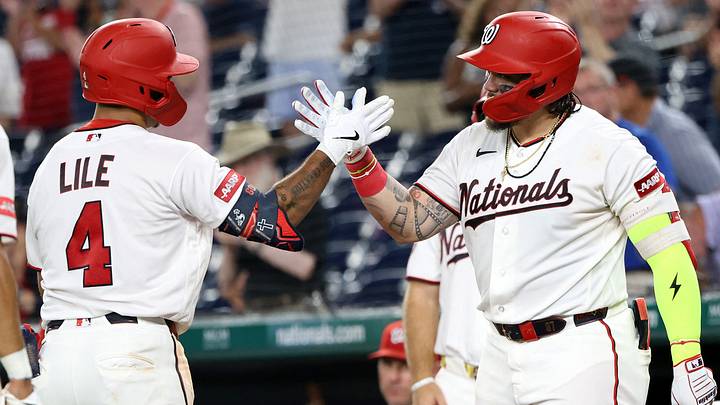 Washington Nationals outfielder Daylen Lile celebrates with Andres Chaparro Washington Nationals outfielder Daylen Lile celebrates with Andres Chaparro