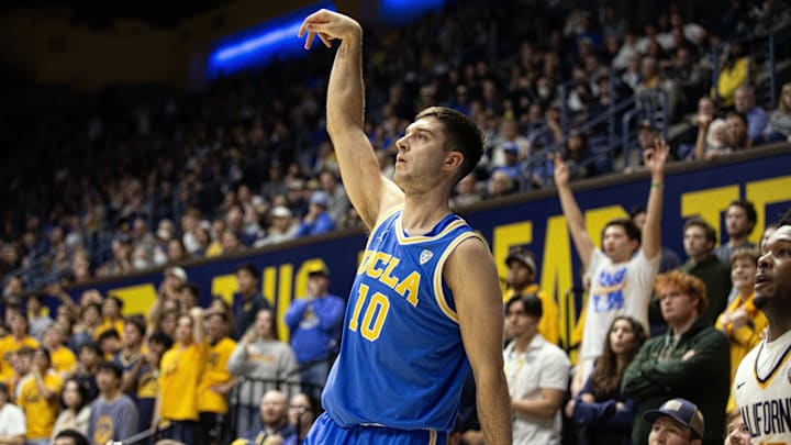 Feb 10, 2024; Berkeley, California, USA; UCLA Bruins guard Lazar Stefanovic (10) reacts after a