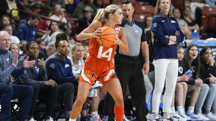 Mar 24, 2023; Greenville, SC, USA; Miami Hurricanes guard Haley Cavinder (14) looks for an open teammate against the Villanova Wildcats during the NCAA Women s Tournament at Bon Secours Wellness Arena. Mandatory Credit: Jim Dedmon-Imagn Images Mar 24, 2023; Greenville, SC, USA; Miami Hurricanes guard Haley Cavinder (14) looks for an open teammate against the Villanova Wildcats during the NCAA Women s Tournament at Bon Secours Wellness Arena. Mandatory Credit: Jim Dedmon-Imagn Images