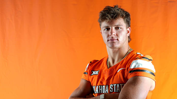 Oklahoma State quarterback Hauss Hejny poses for a photograph during the Oklahoma State Cowboys football media days in Gallagher-Iba Arena in Stillwater, Oklahoma, Saturday, Aug., 2, 2025.