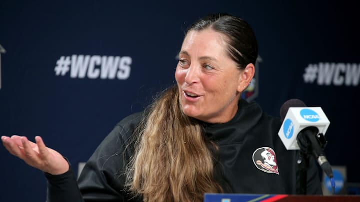 Florida State coach Lonni Alameda speaks speaks during a press conference for the Women's College World Series at USA Softball Hall of Fame Stadium in Oklahoma City, Wednesday, May 31, 2023.