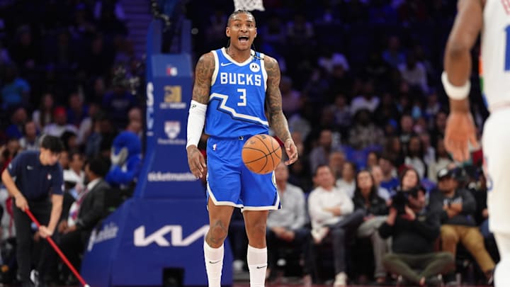 Apr 3, 2025; Philadelphia, Pennsylvania, USA; Milwaukee Bucks guard Kevin Porter Jr (3) reacts against the Philadelphia 76ers in the second quarter at Wells Fargo Center. Mandatory Credit: Kyle Ross-Imagn Images