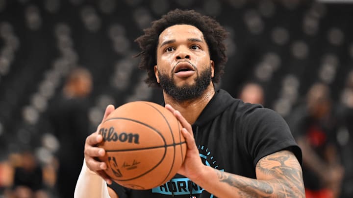 Nov 17, 2025; Toronto, Ontario, CAN;  Charlotte Hornets forward Miles Bridges (0) warms up before playing the Toronto Raptors at Scotiabank Arena. Mandatory Credit: Dan Hamilton-Imagn Images