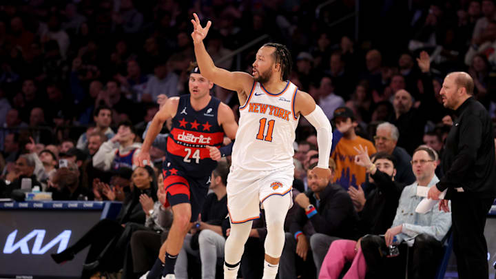 Nov 18, 2024; New York, New York, USA; New York Knicks guard Jalen Brunson (11) celebrates his three point shot against Washington Wizards forward Corey Kispert (24) during the second quarter at Madison Square Garden. Mandatory Credit: Brad Penner-Imagn Images Nov 18, 2024; New York, New York, USA; New York Knicks guard Jalen Brunson (11) celebrates his three point shot against Washington Wizards forward Corey Kispert (24) during the second quarter at Madison Square Garden. Mandatory Credit: Brad Penner-Imagn Images