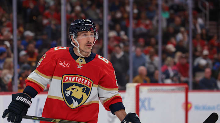 Feb 27, 2026; Sunrise, Florida, USA; Florida Panthers left wing Brad Marchand (63) looks on against the Buffalo Sabres during the first period at Amerant Bank Arena. Mandatory Credit: Sam Navarro-Imagn Images