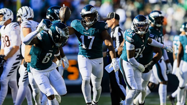 Oct 27, 2024; Cincinnati, Ohio, USA; Philadelphia Eagles linebacker Nakobe Dean (17) reacts after a turnover by the Cincinnati Bengals in the second half at Paycor Stadium. Oct 27, 2024; Cincinnati, Ohio, USA; Philadelphia Eagles linebacker Nakobe Dean (17) reacts after a turnover by the Cincinnati Bengals in the second half at Paycor Stadium.