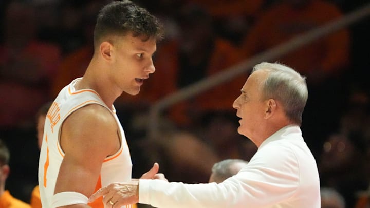 Tennessee basketball coach Rick Barnes talks with Igor Miličić Jr. (7) during a college basketball exhibition game against Indiana on Sunday, October 27, 2024, in Knoxville. Tenn.