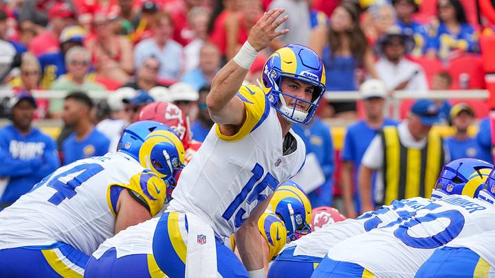 Aug 15, 2026; Kansas City, Missouri, USA; Los Angeles Rams quarterback Ty Simpson (15) signals at the line against the Kansas City Chiefs during the first half of the pre season game at Arrowhead Stadium. Mandatory Credit: Denny Medley-Imagn Images Aug 15, 2026; Kansas City, Missouri, USA; Los Angeles Rams quarterback Ty Simpson (15) signals at the line against the Kansas City Chiefs during the first half of the pre season game at Arrowhead Stadium. Mandatory Credit: Denny Medley-Imagn Images