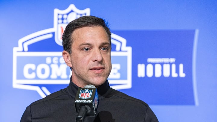 Feb 28, 2023; Indianapolis, IN, USA; Kansas City Chiefs general manager Brett Veach speaks to the press at the NFL Combine at Lucas Oil Stadium. Mandatory Credit: Trevor Ruszkowski-Imagn Images