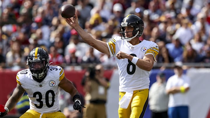Sep 21, 2025; Foxborough, Massachusetts, USA; Pittsburgh Steelers quarterback Aaron Rodgers (8) makes a pass during the first quarter at Gillette Stadium. Mandatory Credit: Paul Rutherford-Imagn Images
