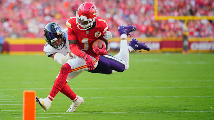Sep 28, 2025; Kansas City, Missouri, USA; Kansas City Chiefs wide receiver Xavier Worthy (1) runs after making a catch as Baltimore Ravens cornerback Marlon Humphrey (44) defends during the third quarter at GEHA Field at Arrowhead Stadium. Mandatory Credit: Jay Biggerstaff-Imagn Images Sep 28, 2025; Kansas City, Missouri, USA; Kansas City Chiefs wide receiver Xavier Worthy (1) runs after making a catch as Baltimore Ravens cornerback Marlon Humphrey (44) defends during the third quarter at GEHA Field at Arrowhead Stadium. Mandatory Credit: Jay Biggerstaff-Imagn Images