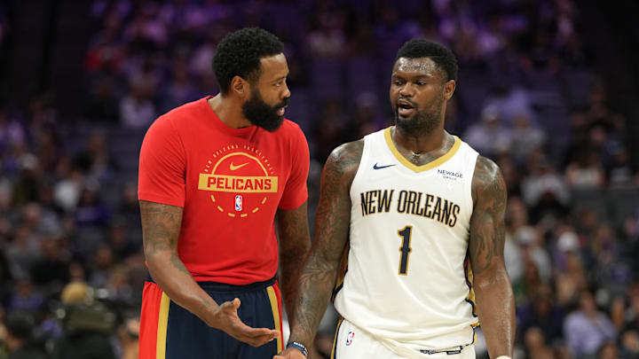 Apr 3, 2026; Sacramento, California, USA; New Orleans Pelicans center DeAndre Jordan (left) and forward Zion Williamson (1) talks during the fourth quarter against the Sacramento Kings at Golden 1 Center. Mandatory Credit: Darren Yamashita-Imagn Images