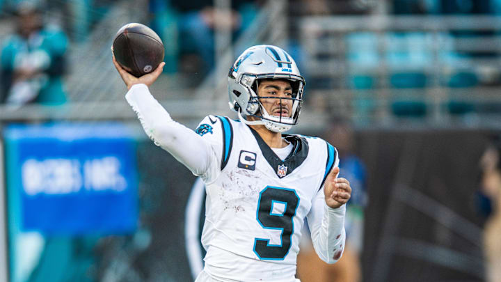 Dec 31, 2023; Jacksonville, Florida, USA; Carolina Panthers quarterback Bryce Young (9) throws the