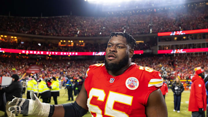 Jan 26, 2025; Kansas City, MO, USA; Kansas City Chiefs guard Trey Smith (65) against the Buffalo Bills in the AFC Championship game at GEHA Field at Arrowhead Stadium. Mandatory Credit: Mark J. Rebilas-Imagn Images