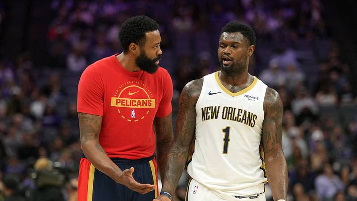 Apr 3, 2026; Sacramento, California, USA; New Orleans Pelicans center DeAndre Jordan (left) and forward Zion Williamson (1) talks during the fourth quarter against the Sacramento Kings at Golden 1 Center. Mandatory Credit: Darren Yamashita-Imagn Images Apr 3, 2026; Sacramento, California, USA; New Orleans Pelicans center DeAndre Jordan (left) and forward Zion Williamson (1) talks during the fourth quarter against the Sacramento Kings at Golden 1 Center. Mandatory Credit: Darren Yamashita-Imagn Images
