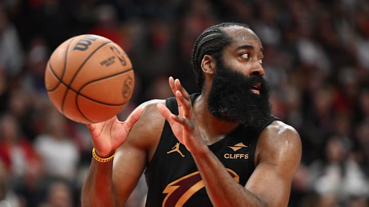 Apr 26, 2026; Toronto, Ontario, CAN;   Cleveland Cavaliers guard James Harden (1) looks away while making a pass against the Toronto Raptors during game four of the first round of the 2026 NBA Playoffs at Scotiabank Arena. Mandatory Credit: Dan Hamilton-Imagn Images