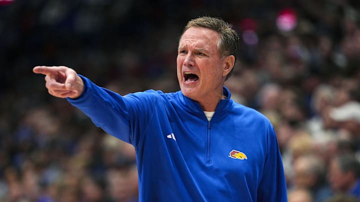 Feb 7, 2026; Lawrence, Kansas, USA; Kansas Jayhawks head coach Bill Self reacts during the second half against the Kansas Jayhawks at Allen Fieldhouse. Mandatory Credit: Jay Biggerstaff-Imagn Images