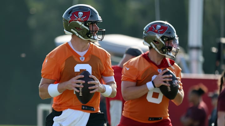 Jul 30, 2023; Tampa, FL, USA; Tampa Bay Buccaneers quarterback Kyle Trask (2) and Tampa Bay