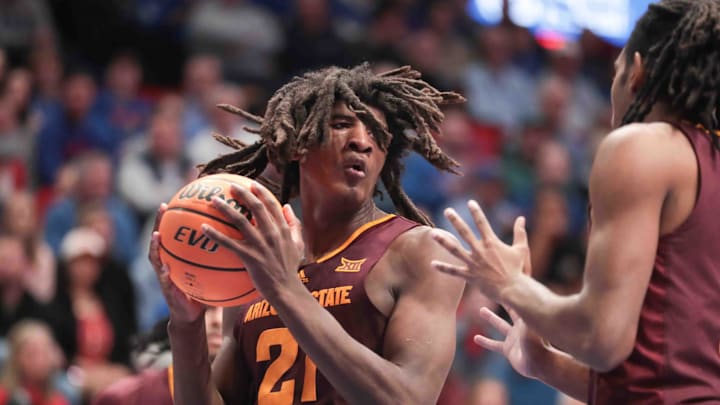 Arizona State Sun Devils forward Jayden Quaintance (21) catches a rebound against Kansas Jayhawks in the first half of the game inside Allen Fieldhouse Wednesday, Jan. 8, 2025.