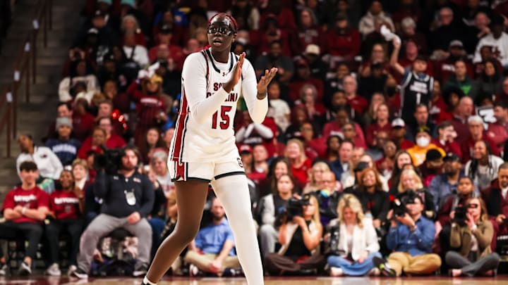 Jan 15, 2026; Columbia, South Carolina, USA; South Carolina Gamecocks forward Adhel Tac (15) celebrates a play against the Texas Longhorns in the second half at Colonial Life Arena. Mandatory Credit: Jeff Blake-Imagn Images