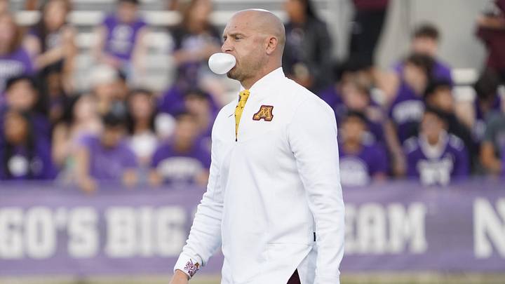 Sep 23, 2023; Evanston, Illinois, USA; Minnesota Golden Gophers head coach PJ Fleck on the field before the game against the Northwestern Wildcats at Ryan Field. Mandatory Credit: David Banks-Imagn Images Sep 23, 2023; Evanston, Illinois, USA; Minnesota Golden Gophers head coach PJ Fleck on the field before the game against the Northwestern Wildcats at Ryan Field. Mandatory Credit: David Banks-Imagn Images