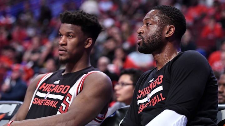 Apr 12, 2017; Chicago, IL, USA; Chicago Bulls guard Dwyane Wade (3) and forward Jimmy Butler (21) rest during the second half against the Brooklyn Nets at the United Center. Chicago defeats Brooklyn 112-73. Mandatory Credit: Mike DiNovo-Imagn Images Apr 12, 2017; Chicago, IL, USA; Chicago Bulls guard Dwyane Wade (3) and forward Jimmy Butler (21) rest during the second half against the Brooklyn Nets at the United Center. Chicago defeats Brooklyn 112-73. Mandatory Credit: Mike DiNovo-Imagn Images