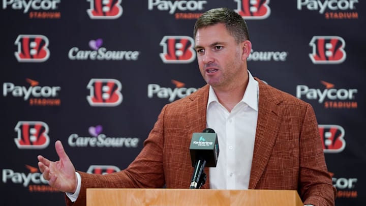 Cincinnati Bengals head coach Zac Taylor speaks during a press conference, Friday, April 25, 2025, at Paycor Stadium in Downtown Cincinnati.
