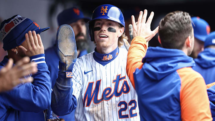 Apr 13, 2024; New York City, New York, USA; New York Mets third baseman Brett Baty (22) is greeted Apr 13, 2024; New York City, New York, USA; New York Mets third baseman Brett Baty (22) is greeted
