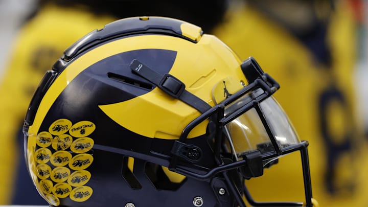 Apr 1, 2023; Ann Arbor, MI, USA;   Michigan Wolverines helmet on the sideline during the Spring Game at Michigan Stadium. Mandatory Credit: Rick Osentoski-Imagn Images