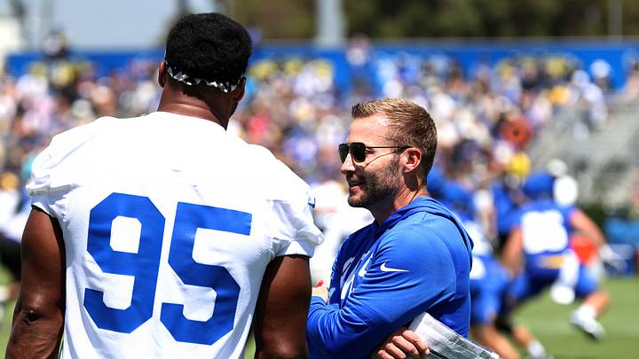 Jul 29, 2026; Los Angeles, CA, USA; Los Angeles Rams head coach Sean McVay talks to defensive end Garrett Myles (95) during training camp at Loyola Marymount University. Mandatory Credit: Kiyoshi Mio-Imagn Images Jul 29, 2026; Los Angeles, CA, USA; Los Angeles Rams head coach Sean McVay talks to defensive end Garrett Myles (95) during training camp at Loyola Marymount University. Mandatory Credit: Kiyoshi Mio-Imagn Images