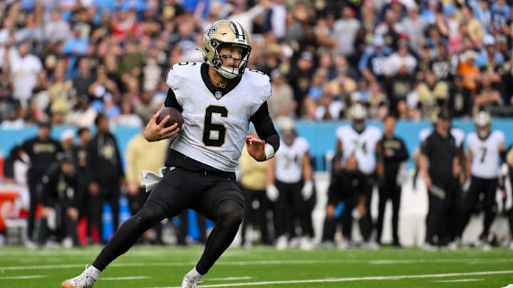 Dec 28, 2025; Nashville, Tennessee, USA;  New Orleans Saints quarterback Tyler Shough (6) runs with the ball against the Tennessee Titans during the second half at Nissan Stadium. Mandatory Credit: Steve Roberts-Imagn Images