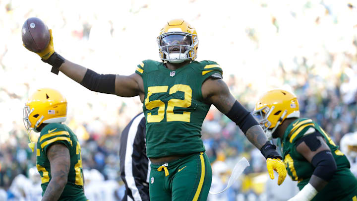 Green Bay Packers linebacker Rashan Gary (52) celebrates recovering a fumble against the Los Angeles
