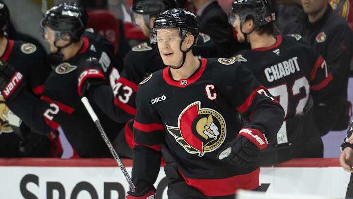 Nov 23, 2024; Ottawa, Ontario, CAN; Ottawa Senators left wing Brady Tkachuk (7) celebrates his goal scored in the second period against the Vancouver Canucks at the Canadian Tire Centre. Mandatory Credit: Marc DesRosiers-Imagn Images Nov 23, 2024; Ottawa, Ontario, CAN; Ottawa Senators left wing Brady Tkachuk (7) celebrates his goal scored in the second period against the Vancouver Canucks at the Canadian Tire Centre. Mandatory Credit: Marc DesRosiers-Imagn Images