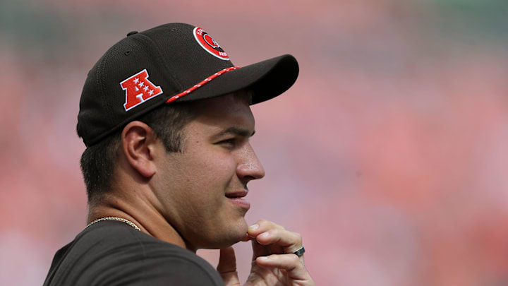 Cleveland Browns offensive tackle Jack Conklin watches the team warm up before a game Sept. 22, 2024, in Cleveland, Ohio. Cleveland Browns offensive tackle Jack Conklin watches the team warm up before a game Sept. 22, 2024, in Cleveland, Ohio.