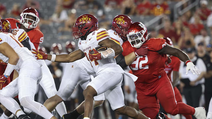 Sep 28, 2024; Houston, Texas, USA; Iowa State Cyclones running back Abu Sama III (24) runs with the ball during the fourth quarter against the Houston Cougars at TDECU Stadium. Mandatory Credit: Troy Taormina-Imagn Images