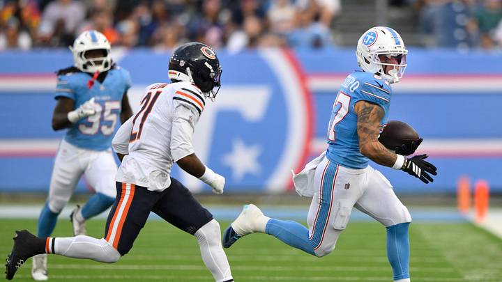 Aug 29, 2026; Nashville, Tennessee, USA; Tennessee Titans wide receiver Xavier Restrepo (87) runs against Chicago Bears defensive back Cam Lewis (21) during the second quarter at Nissan Stadium. Mandatory Credit: Steve Roberts-Imagn Images Aug 29, 2026; Nashville, Tennessee, USA; Tennessee Titans wide receiver Xavier Restrepo (87) runs against Chicago Bears defensive back Cam Lewis (21) during the second quarter at Nissan Stadium. Mandatory Credit: Steve Roberts-Imagn Images