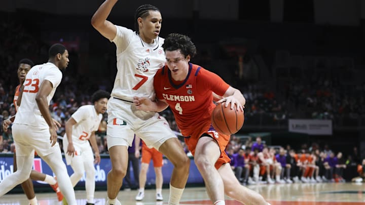 Jan 3, 2024; Coral Gables, Florida, USA; Clemson Tigers forward Ian Schieffelin (4) drives to the