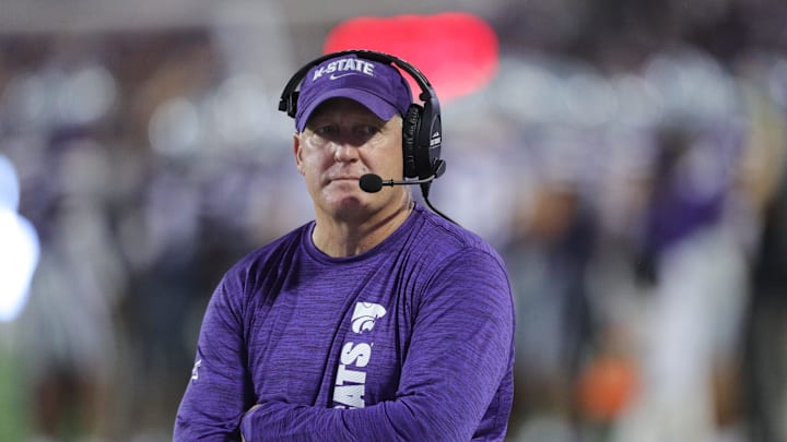 Kansas State Wildcats head coach Chris Klieman looks on during the fourth quarter of the game against Arizona at Bill Snyder Family Stadium on Friday, September 13, 2024. Kansas State Wildcats head coach Chris Klieman looks on during the fourth quarter of the game against Arizona at Bill Snyder Family Stadium on Friday, September 13, 2024.