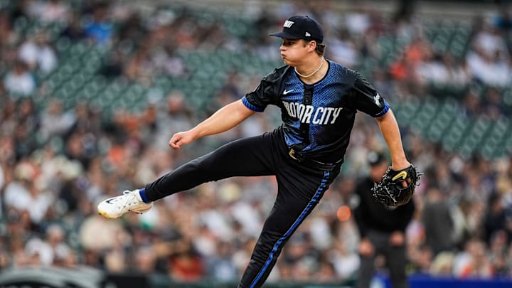 Detroit Tigers pitcher Jackson Jobe throws against the Kansas City Royals during the second inning at Comerica Park in Detroit on Friday, April 18, 2025. Jobe moved to 2-0 in his rookie season, throwing five innings of one-run ball in the 7-3 win. Detroit Tigers pitcher Jackson Jobe throws against the Kansas City Royals during the second inning at Comerica Park in Detroit on Friday, April 18, 2025. Jobe moved to 2-0 in his rookie season, throwing five innings of one-run ball in the 7-3 win.
