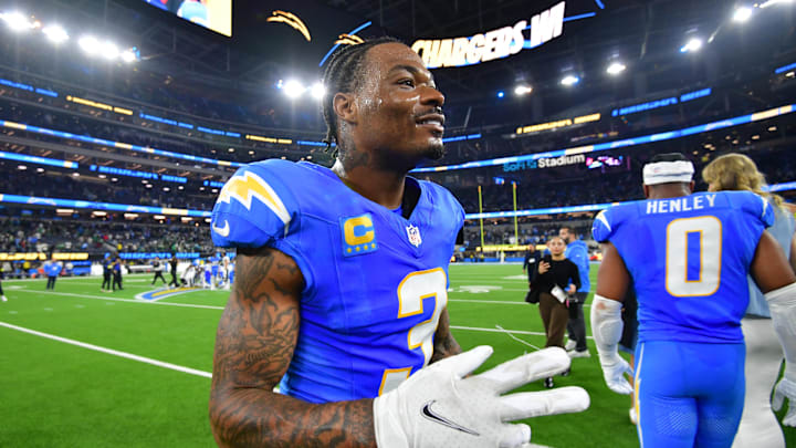 Dec 8, 2025; Inglewood, California, USA; Los Angeles Chargers safety Derwin James Jr. (3) celebrates after defeating the Philadelphia Eagles at SoFi Stadium. Mandatory Credit: Gary A. Vasquez-Imagn Images