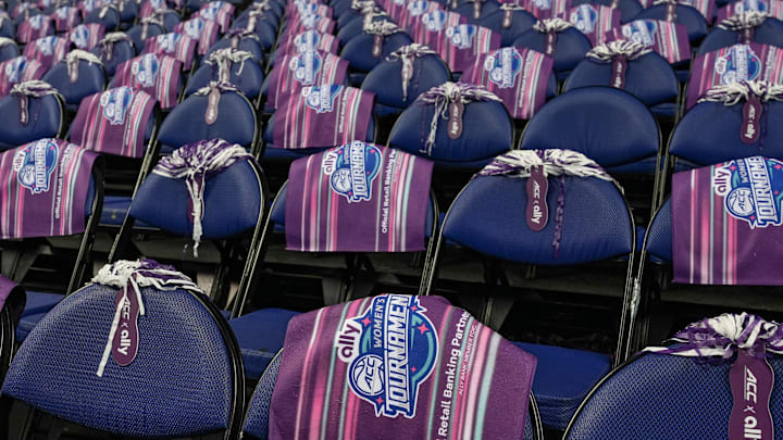 Mar 10, 2024; Greensboro, NC, USA; General view of rally towels prior to the ACC Championship game between NC States and Notre Dame at Greensboro Coliseum. Mandatory Credit: David Yeazell-Imagn Images