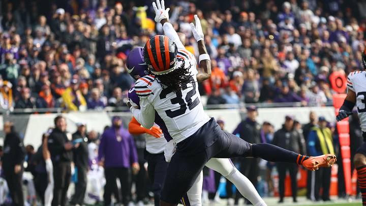 Nov 24, 2024; Chicago, Illinois, USA; Minnesota Vikings wide receiver Jordan Addison (3) makes a catch over Chicago Bears cornerback Terell Smith (32) during the second quarter at Soldier Field. Mandatory Credit: Mike Dinovo-Imagn Images Nov 24, 2024; Chicago, Illinois, USA; Minnesota Vikings wide receiver Jordan Addison (3) makes a catch over Chicago Bears cornerback Terell Smith (32) during the second quarter at Soldier Field. Mandatory Credit: Mike Dinovo-Imagn Images