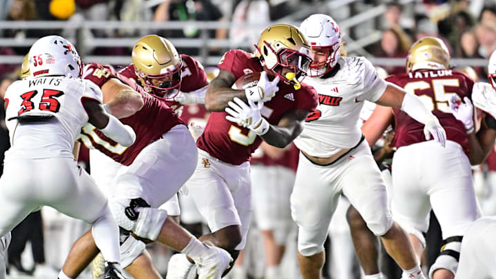 Oct 25, 2024; Chestnut Hill, Massachusetts, USA; Boston College Eagles running back Kye Robichaux (5) runs the ball against the Louisville Cardinals during the first half at Alumni Stadium. Mandatory Credit: Eric Canha-Imagn Images