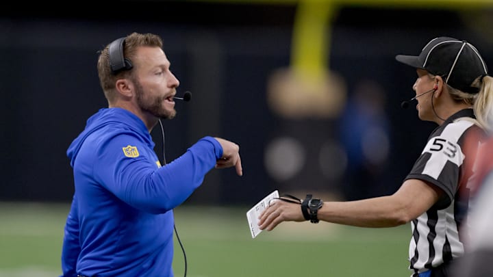 Dec 1, 2024; New Orleans, Louisiana, USA; Los Angeles Rams head coach Sean McVay talks with down judge Sarah Thomas (53) against the New Orleans Saints during the first half at Caesars Superdome. Mandatory Credit: Matthew Hinton-Imagn Images